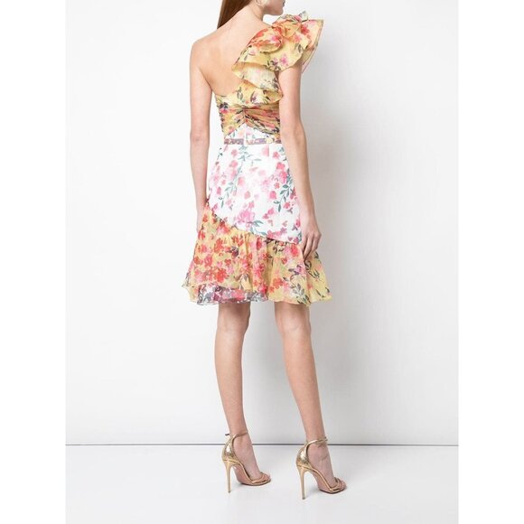 Marchesa Notte Floral Print Organza Mini Dress Ruffle One Shoulder 10 New $695 - Picture 4 of 6